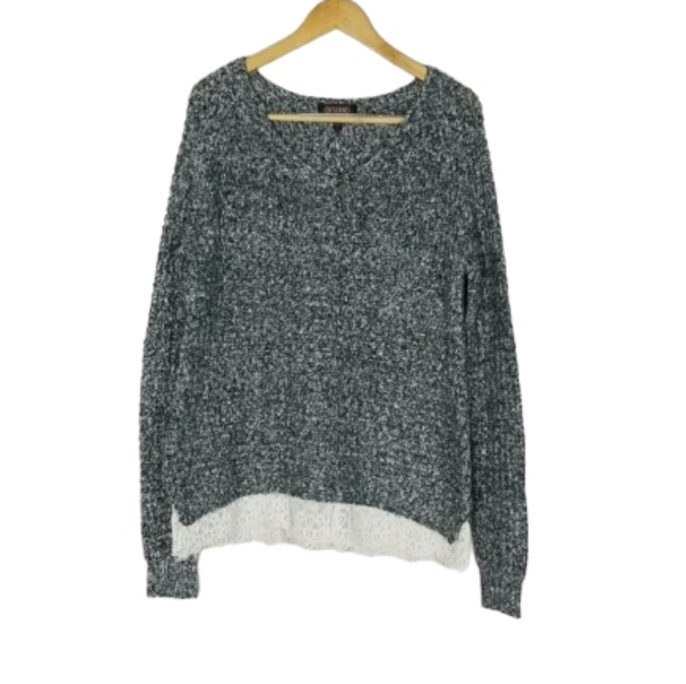Shyanne Grey Knit Lace Trim Sweater Size Large